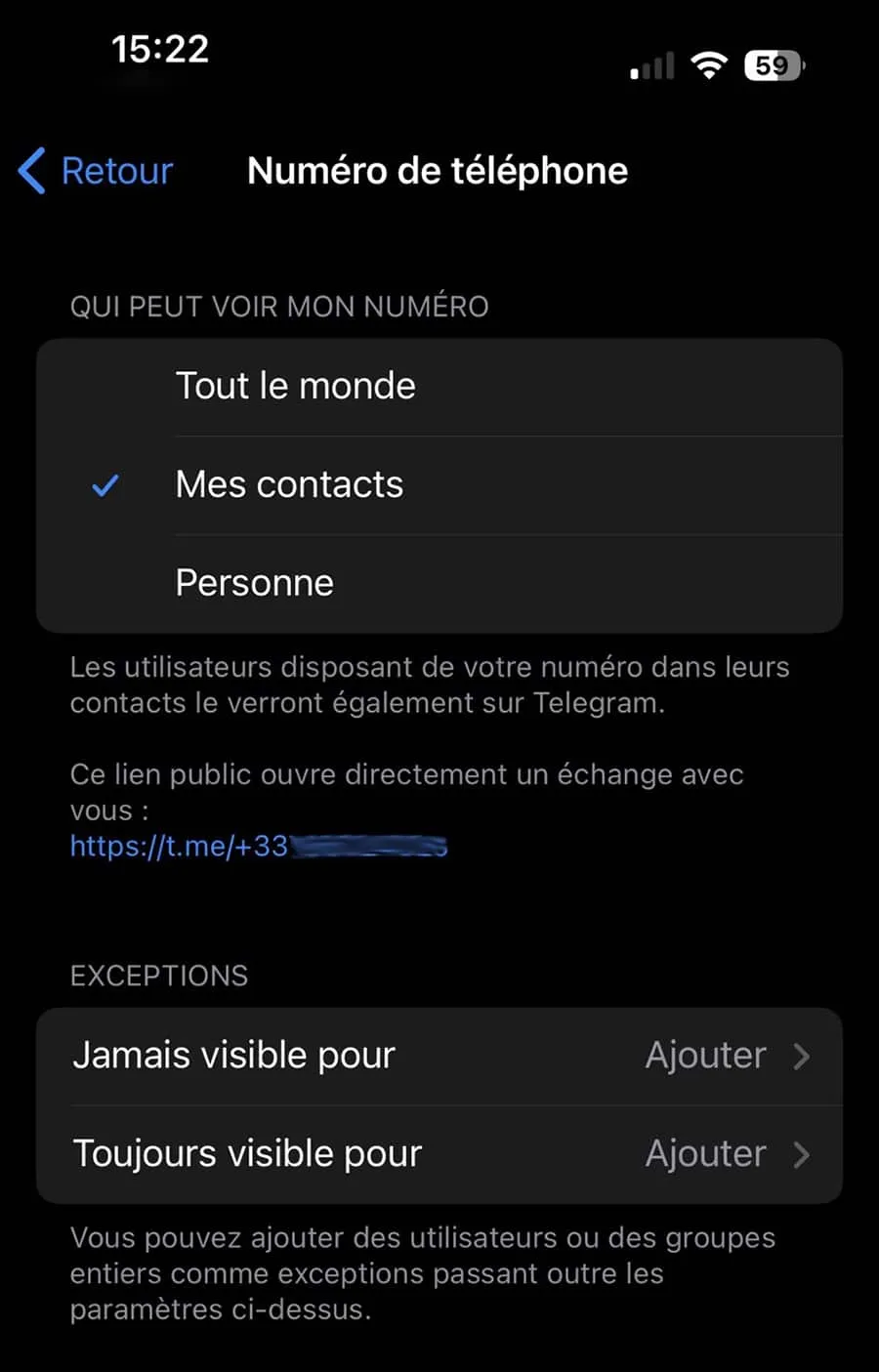 options de confidentialité sur Telegram