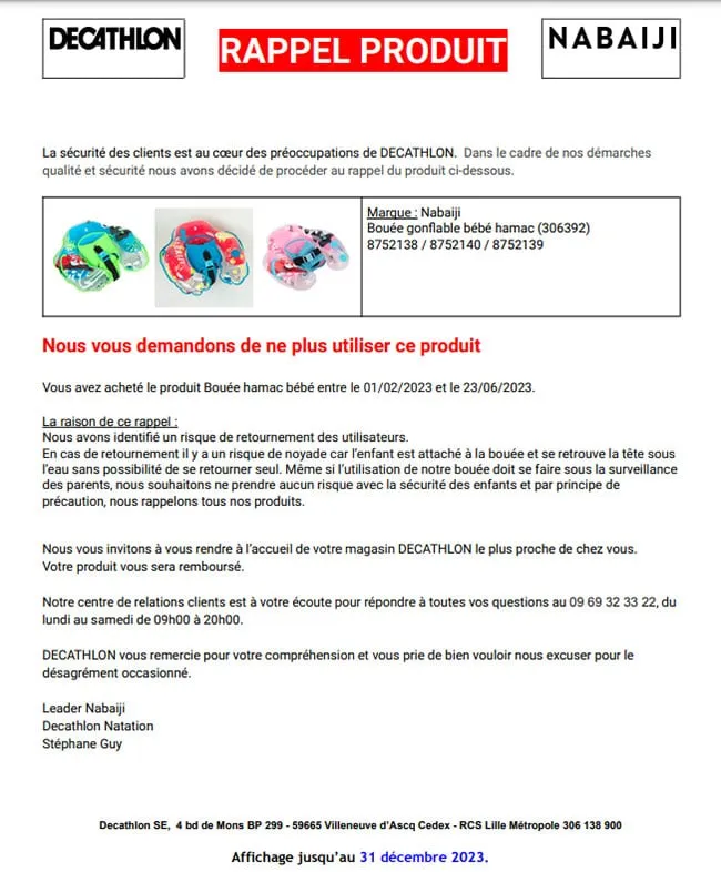 rappel produit bouée bébé Decathlon