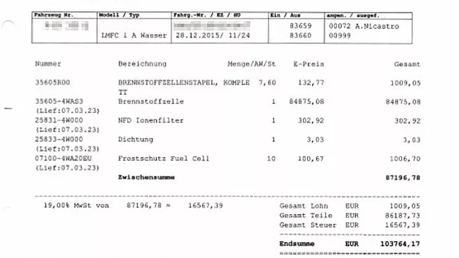 Facture de remplacement de la pile à combustible.