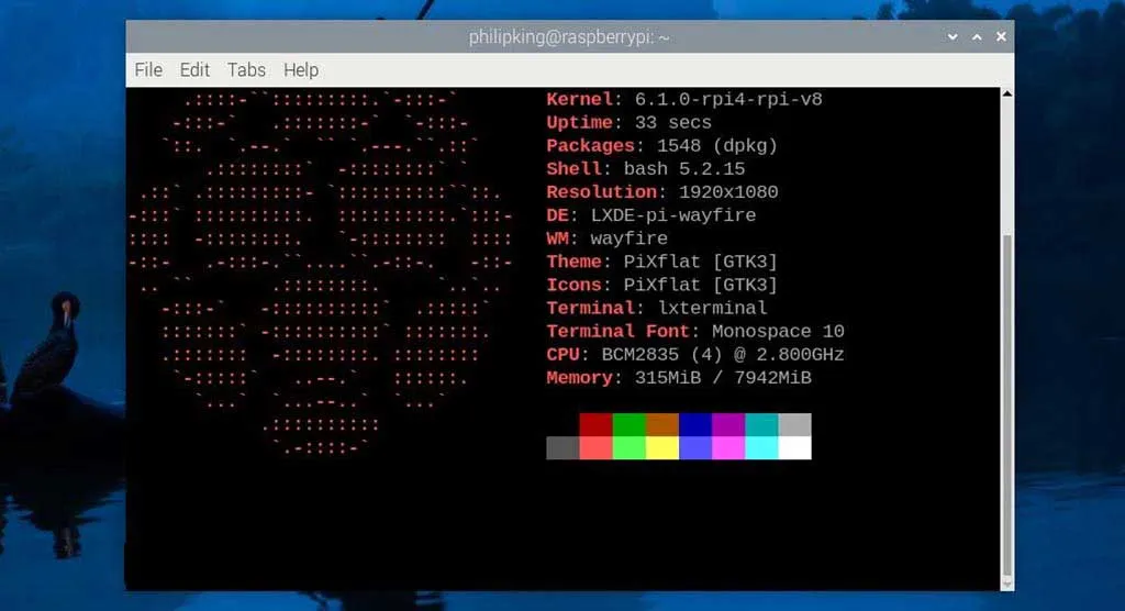 Exécution de Neofetch dans un terminal sur le Raspberry Pi 5