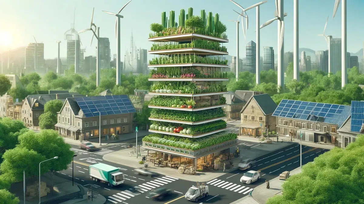 Une ferme verticale en plein milieu d'un paysage urbain, avec des plantes et légumes cultivés en couches superposées.