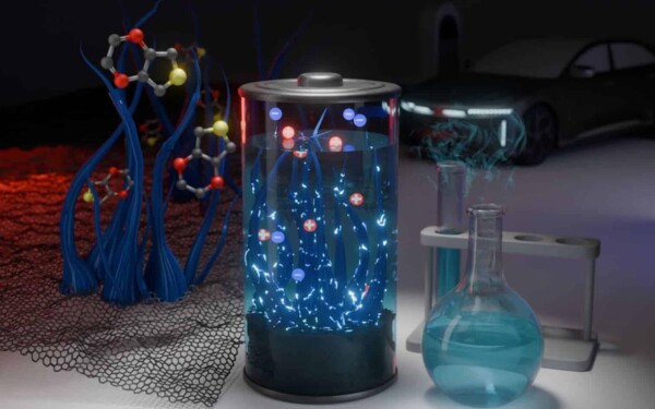 Illustration conceptuelle montrant des structures moléculaires de SuperPEDOT au premier plan avec une voiture électrique stylisée en arrière-plan.