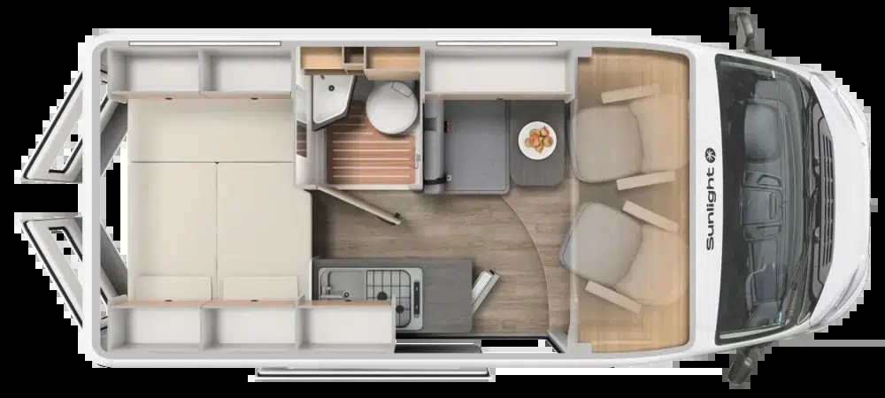 Lit arrière transversal du Sunlight Cliff 540 2025 avec matelas double et rangements latéraux