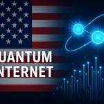 Illustration de la technologie de l’Internet quantique aux États-Unis avec fibres optiques, particules lumineuses et drapeau national.