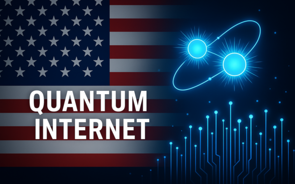 Illustration de la technologie de l’Internet quantique aux États-Unis avec fibres optiques, particules lumineuses et drapeau national.