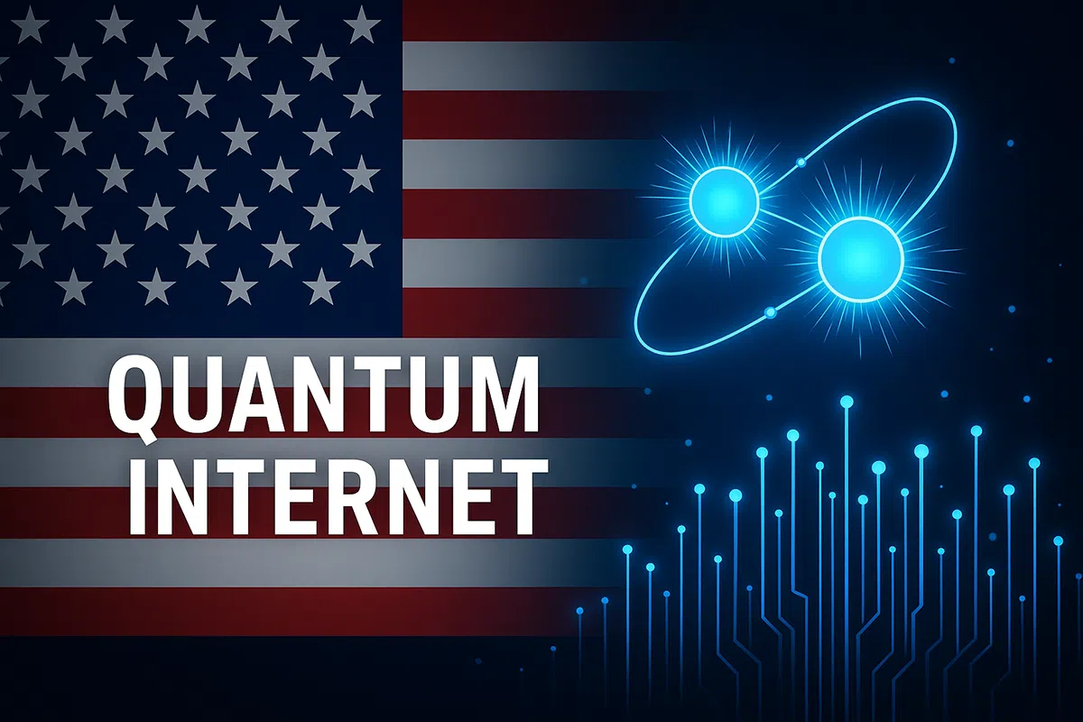 ChatGPT Image 20 mai 2025, 17_00_20 Illustration de la technologie de l’Internet quantique aux États-Unis avec fibres optiques, particules lumineuses et drapeau national.