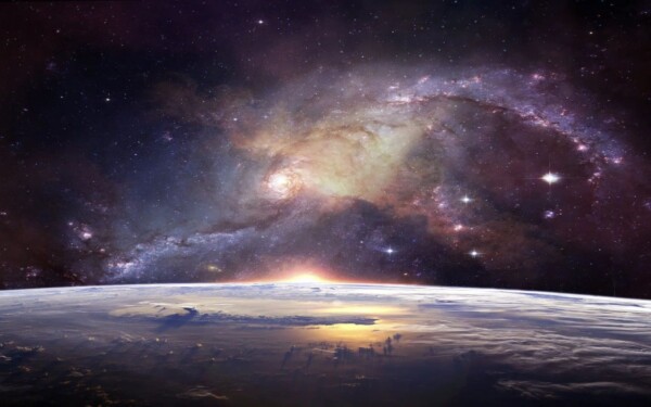 Illustration de l'espace avec des étoiles scintillantes et une planète mystérieuse.