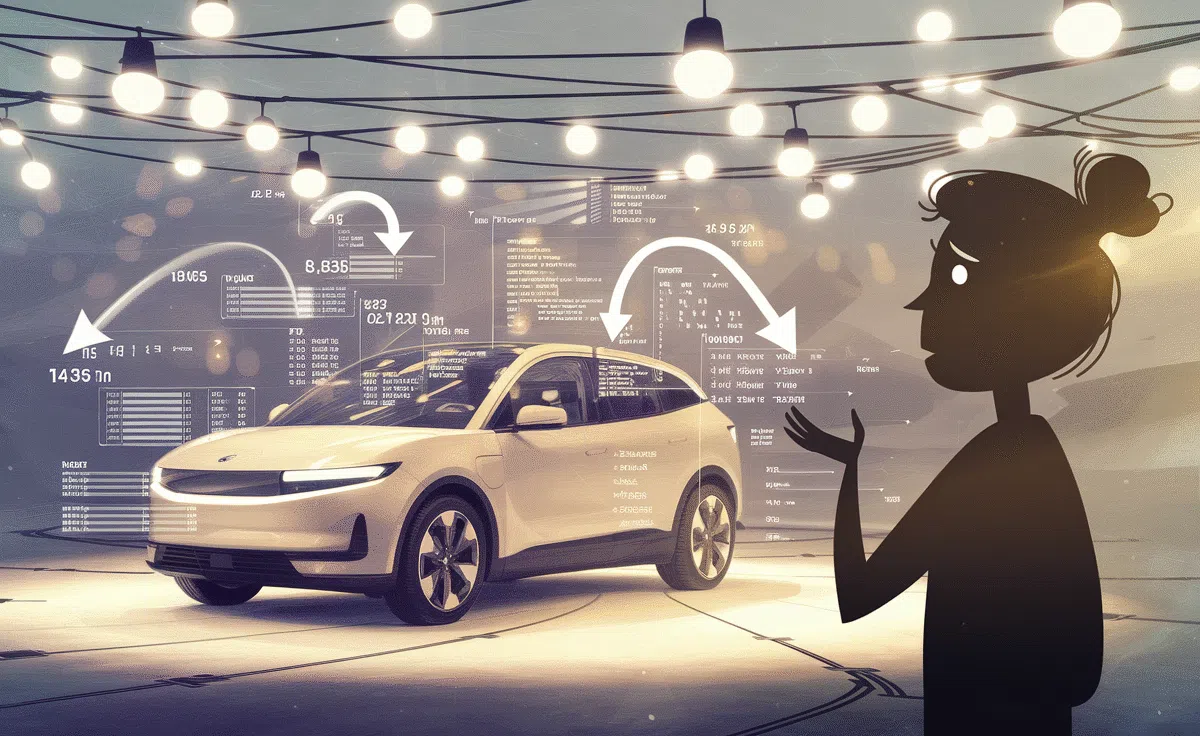 Première voiture électrique sur la route avec paysage urbain en arrière-plan
