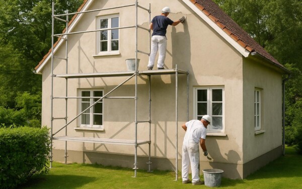Ravalement de façade écologique sur maison individuelle avec échafaudage, jardin verdoyant et ouvriers en plein chantier
