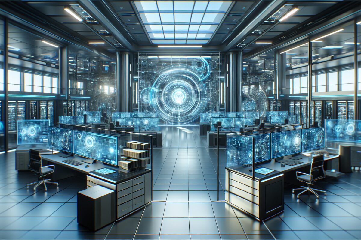 Laboratoire de recherche en IA futuriste avec ordinateurs et écrans holographiques