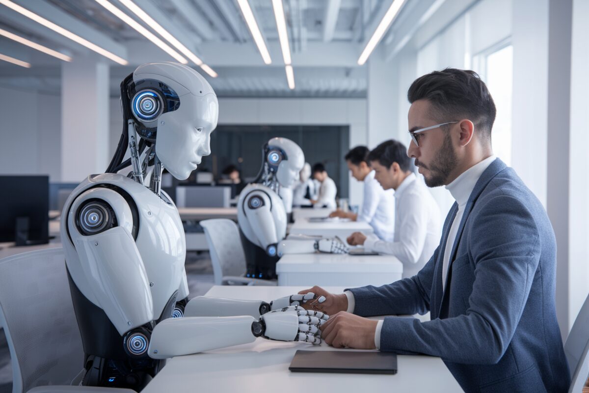 Bureau futuriste avec robots IA et humains