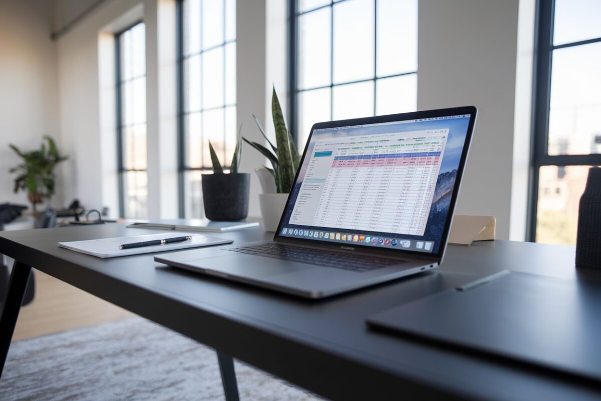 Un MacBook Pro Apple sur un bureau moderne bien éclairé