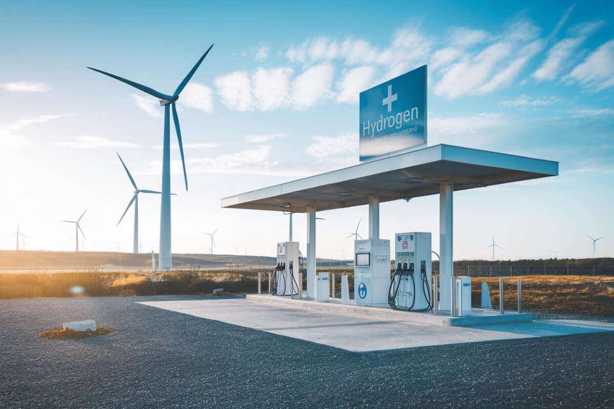 Station de recharge à hydrogène avec éoliennes en arrière-plan