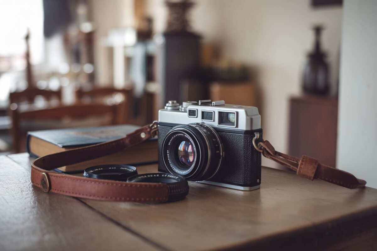 Appareil photo vintage sur table en bois avec éclairage naturel