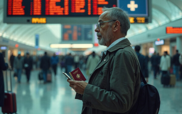 Un voyageurregarde un billet à 35.000 € dans un aéroport