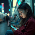 Jeune femme chinoise échange avec un chatbot amoureux dans le métro