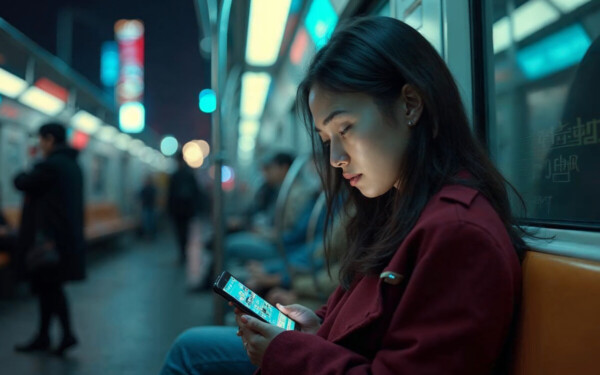 Jeune femme chinoise échange avec un chatbot amoureux dans le métro