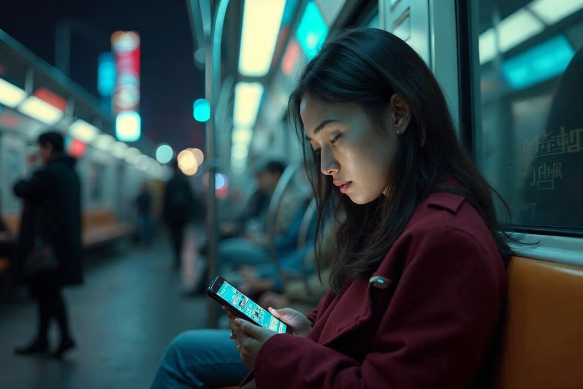 Jeune femme chinoise échange avec un chatbot amoureux dans le métro