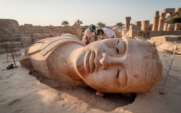 96 ans de recherches, fragment colossal de Ramsès II, repêché sous le Nil à Hermopolis, personne n'attendait ce retour