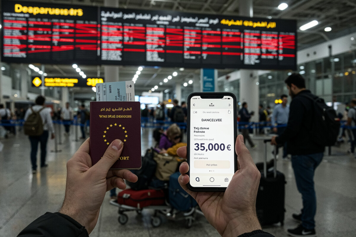 Un voyageur français regarde un billet à 35.000 € dans un aéroport