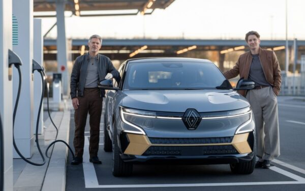 Un véhicule électrique Renault en charge sur une borne rapide moderne