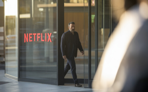 Ben Affleck devant un immeuble à Los Angeles, ambiance acquisition Netflix