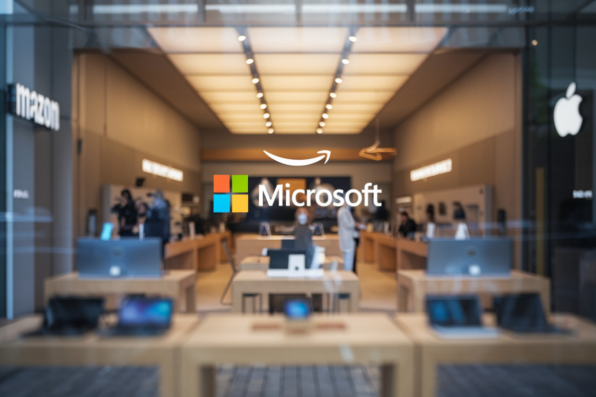 Logos de grandes entreprises tech dominant des petites startups en arrière-plan