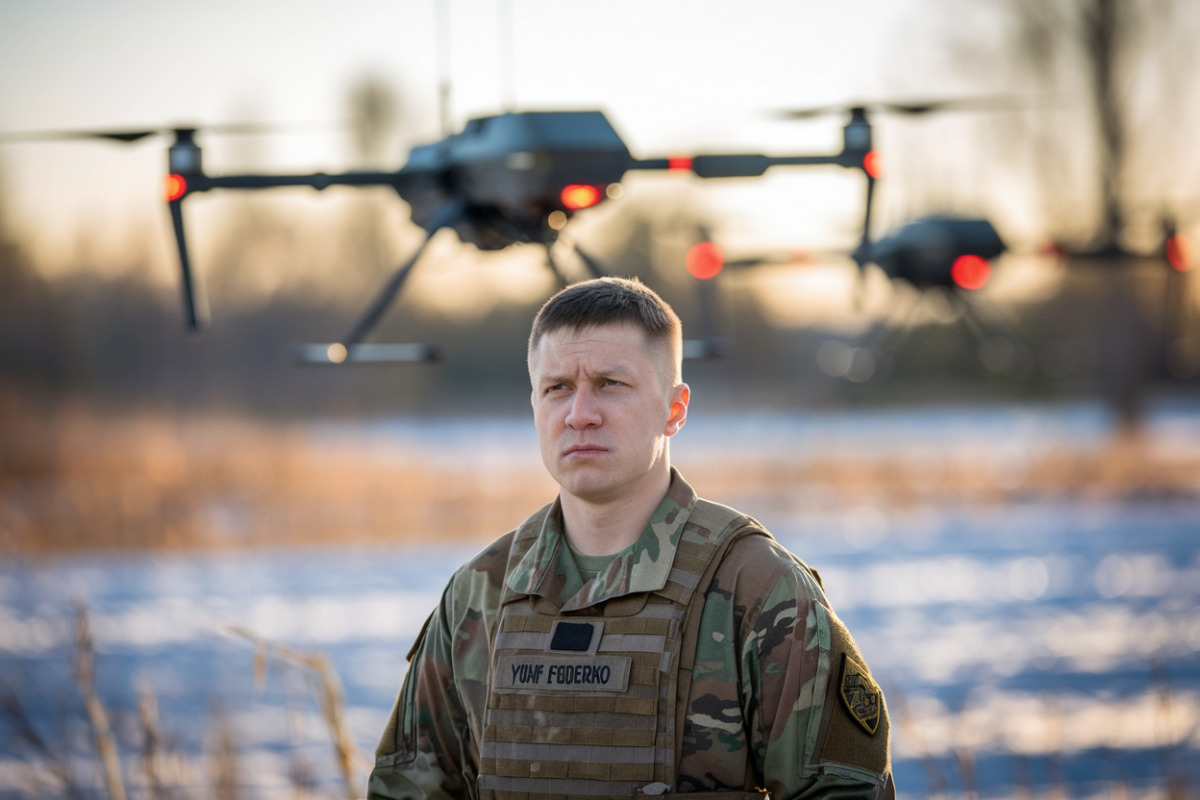 Drones militaires autonomes survolant le champ de bataille ukrainien en opération tactique
