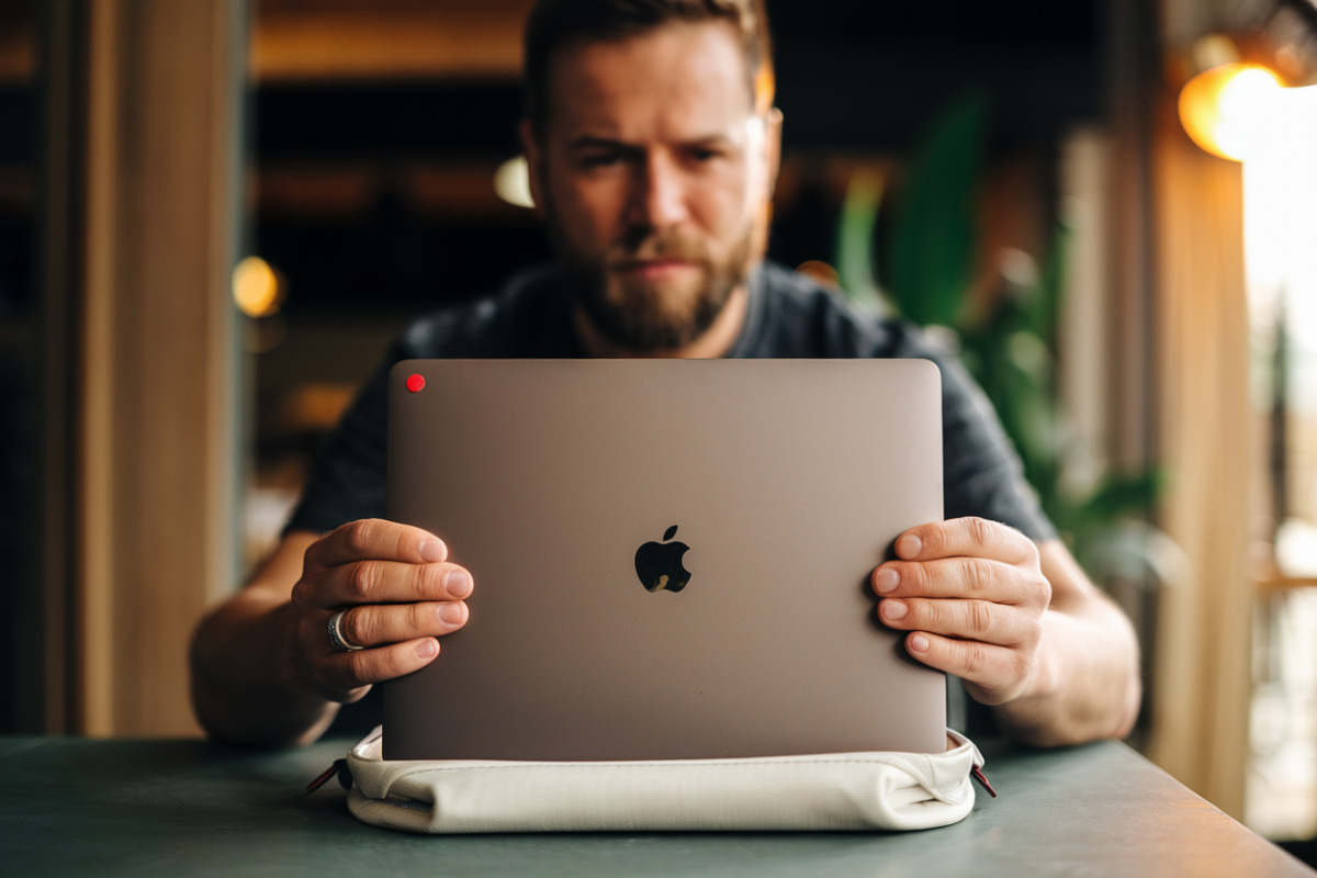 MacBook Neo argenté ouvert affichant l'écran avec processeur M4 visible