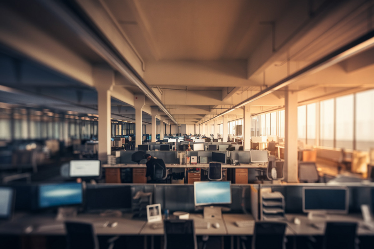 Employés quittant des bureaux de technologie, panneaux de licenciement, robots IA au travail