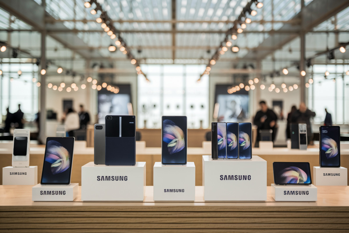 Des smartphones Samsung Galaxy alignés affichant nouvelles fonctionnalités et interface mise à jour