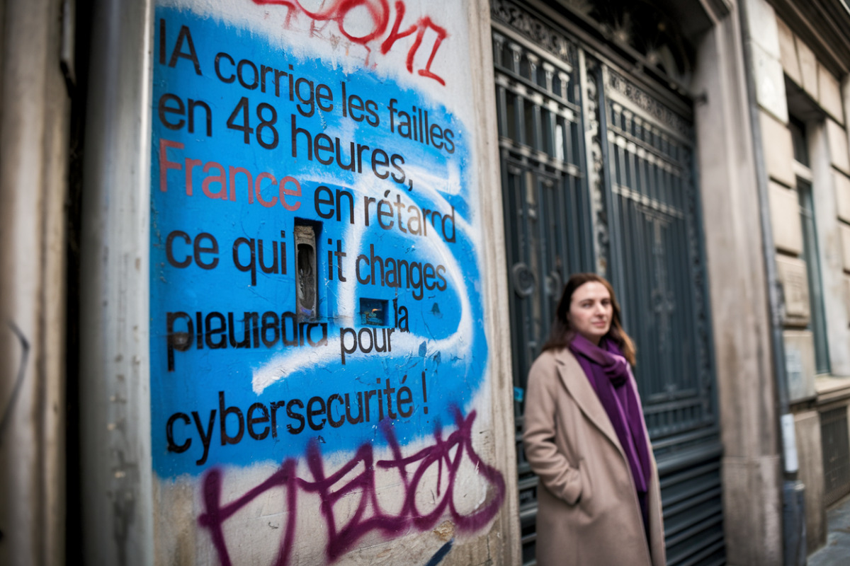 IA corrige les failles en 48 heures, France en retard de 6 mois, ce qui change pour la cybersécurité française Écran d'ordinateur affichant des codes de cybersécurité et algorithmes d'intelligence artificielle corrigeant les failles.