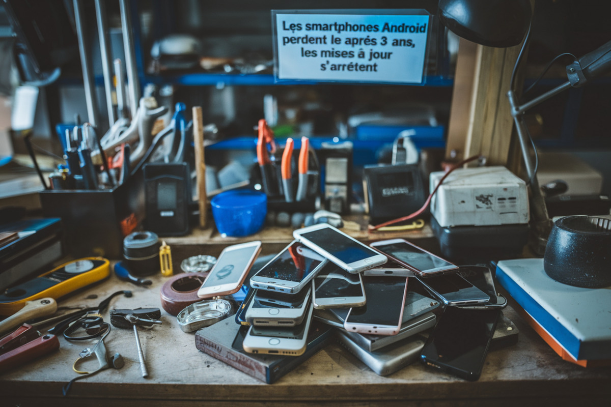 Smartphone Android ancien avec écran affichant avertissement de sécurité obsolète et vulnérable.