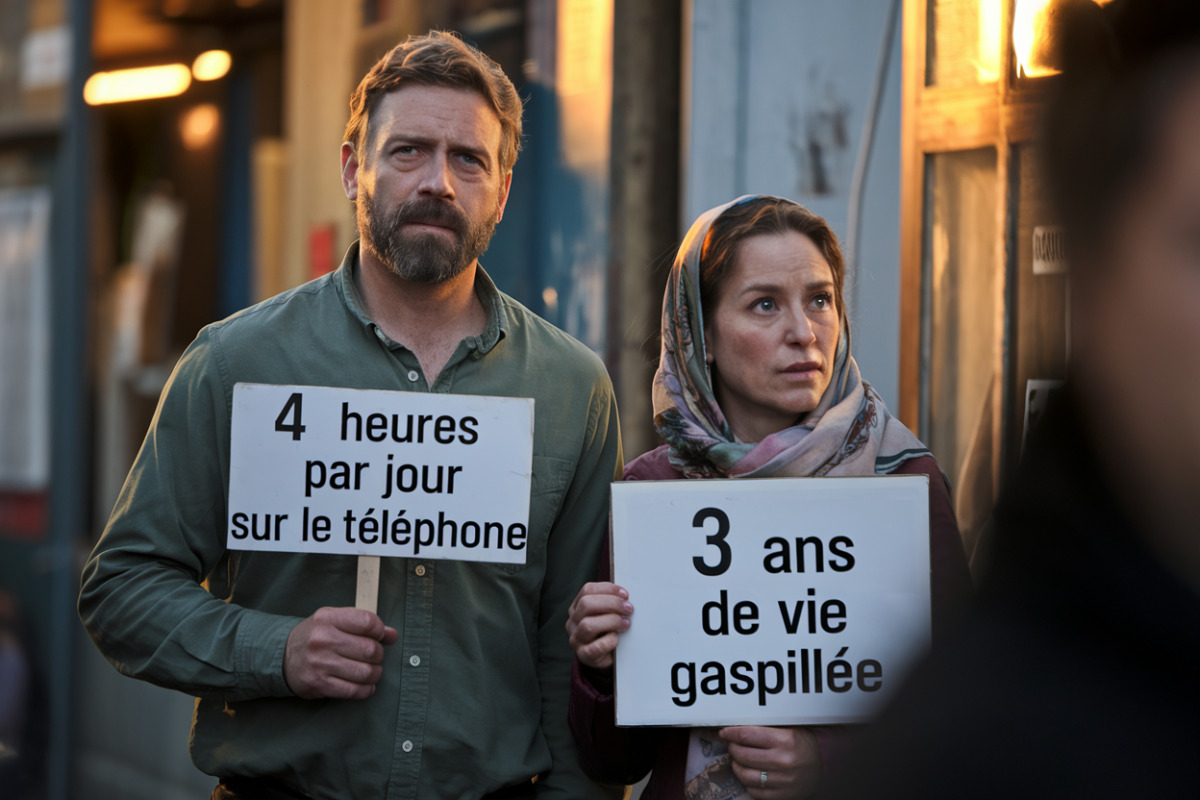 Personne accro à son téléphone, écran lumineux, temps perdu illustrant l'addiction.
