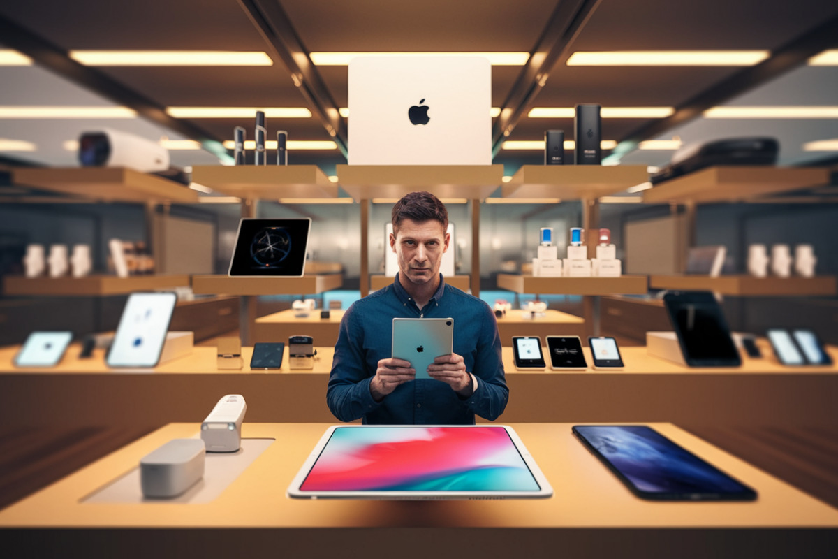 Les nouveaux produits Apple réinventés par John Ternus exposés dans un showroom futuriste.