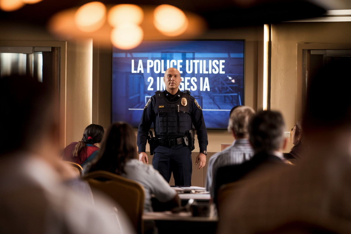 Officiers de police examinant des images IA falsifiées sur écran, habitants skeptiques observant la manipulation détectée.