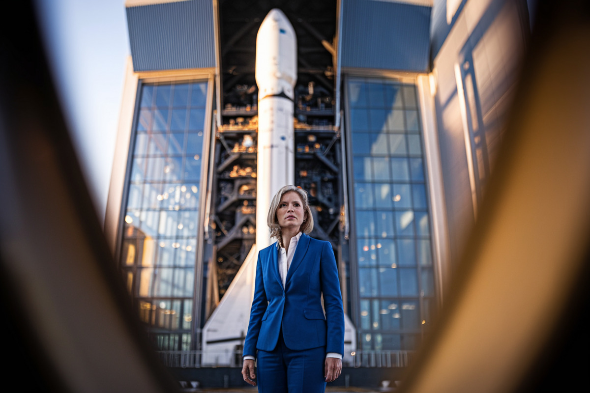 Gwynne Shotwell dirigeant SpaceX dans ses locaux modernes de Californie, fusées en arrière-plan.