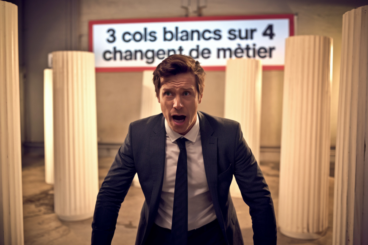 3 cols blancs sur 4 changent de métier, l'IA supprime 2 millions d'emplois, ce qui change pour les cadres en France Cadres stressés devant ordinateurs observant intelligences artificielles transformer leurs postes professionnels.
