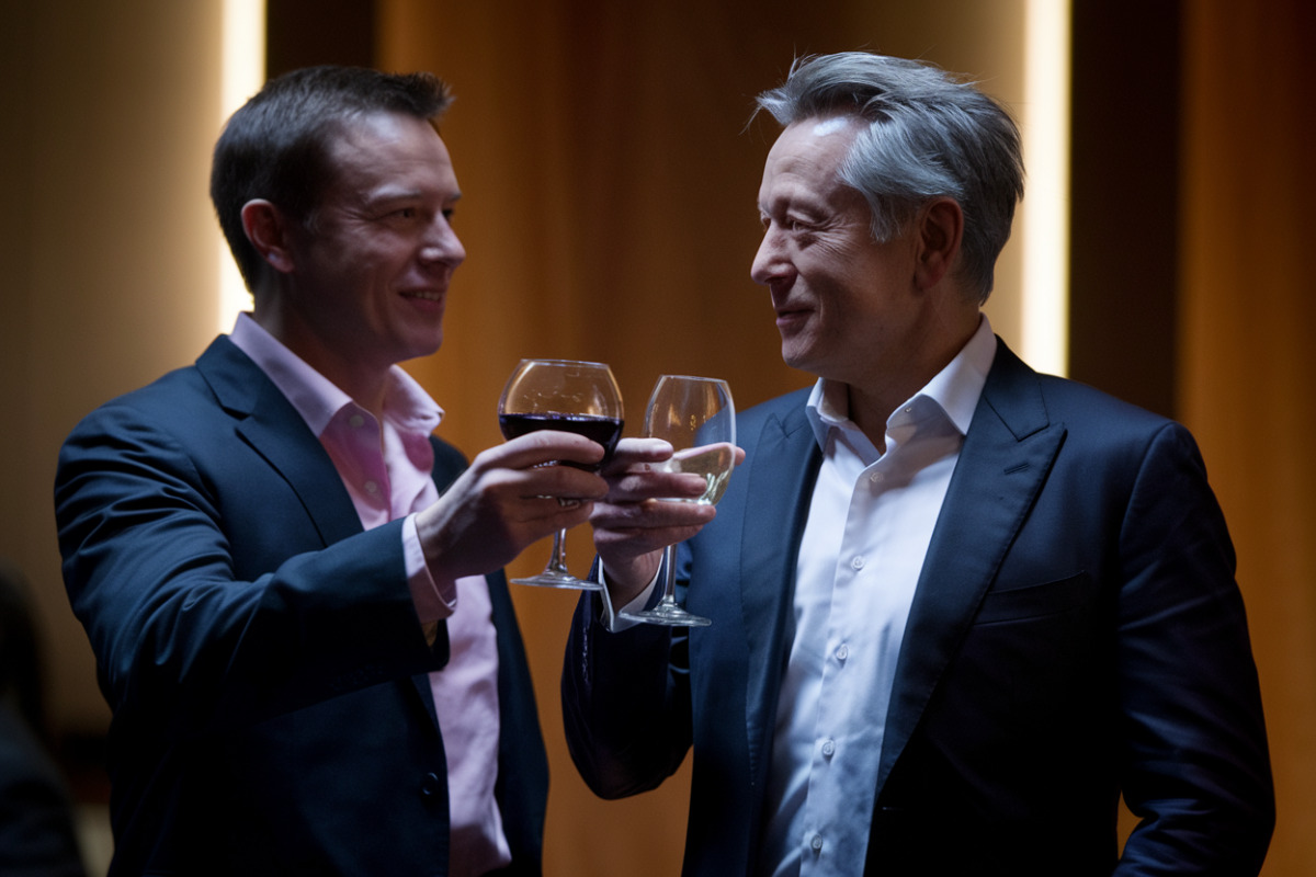 Deux hommes d'affaires discutent devant écrans financiers affichant données SpaceX.