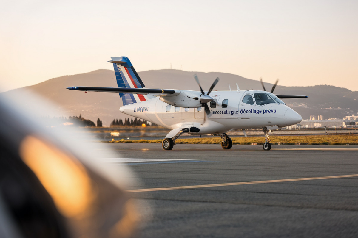 Un avion hybride innovant au sol, prêt pour son premier décollage historique.