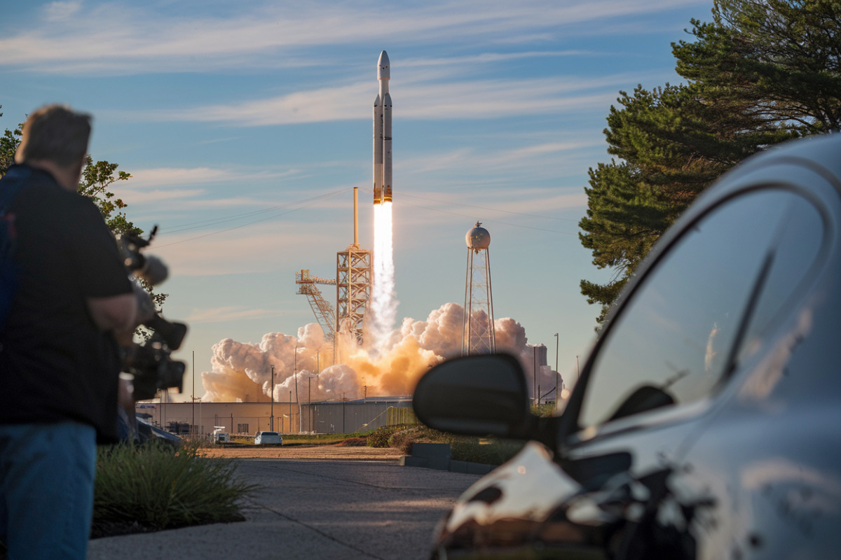 Elon Musk souriant devant les fusées SpaceX avec graphiques boursiers en arrière-plan.