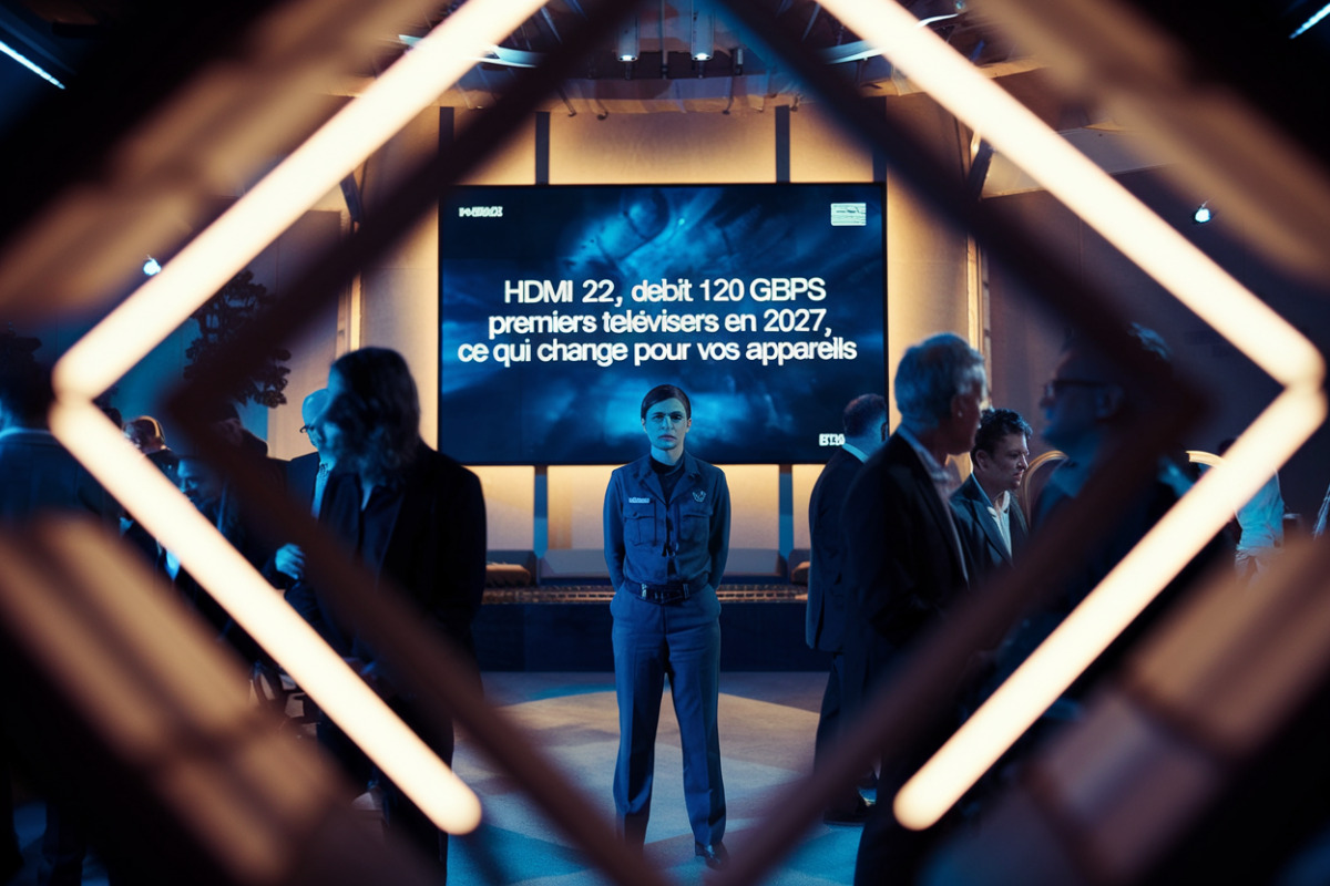 HDMI 2.2, débit 120 Gbps, premiers téléviseurs en 2027, ce qui change pour vos appareils Câble HDMI dernière génération branché sur téléviseur haute définition futuriste.