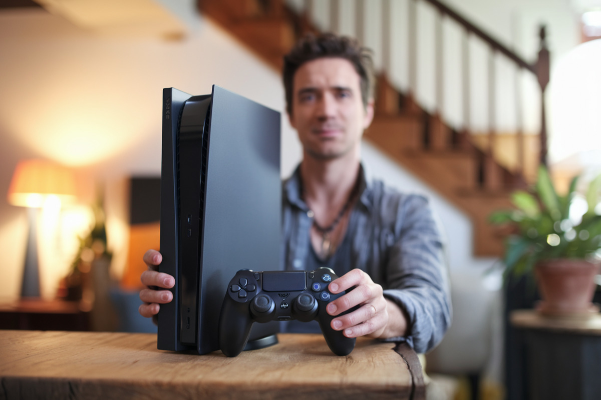 Console PlayStation 6 noire avec manette, affichage spécifications techniques