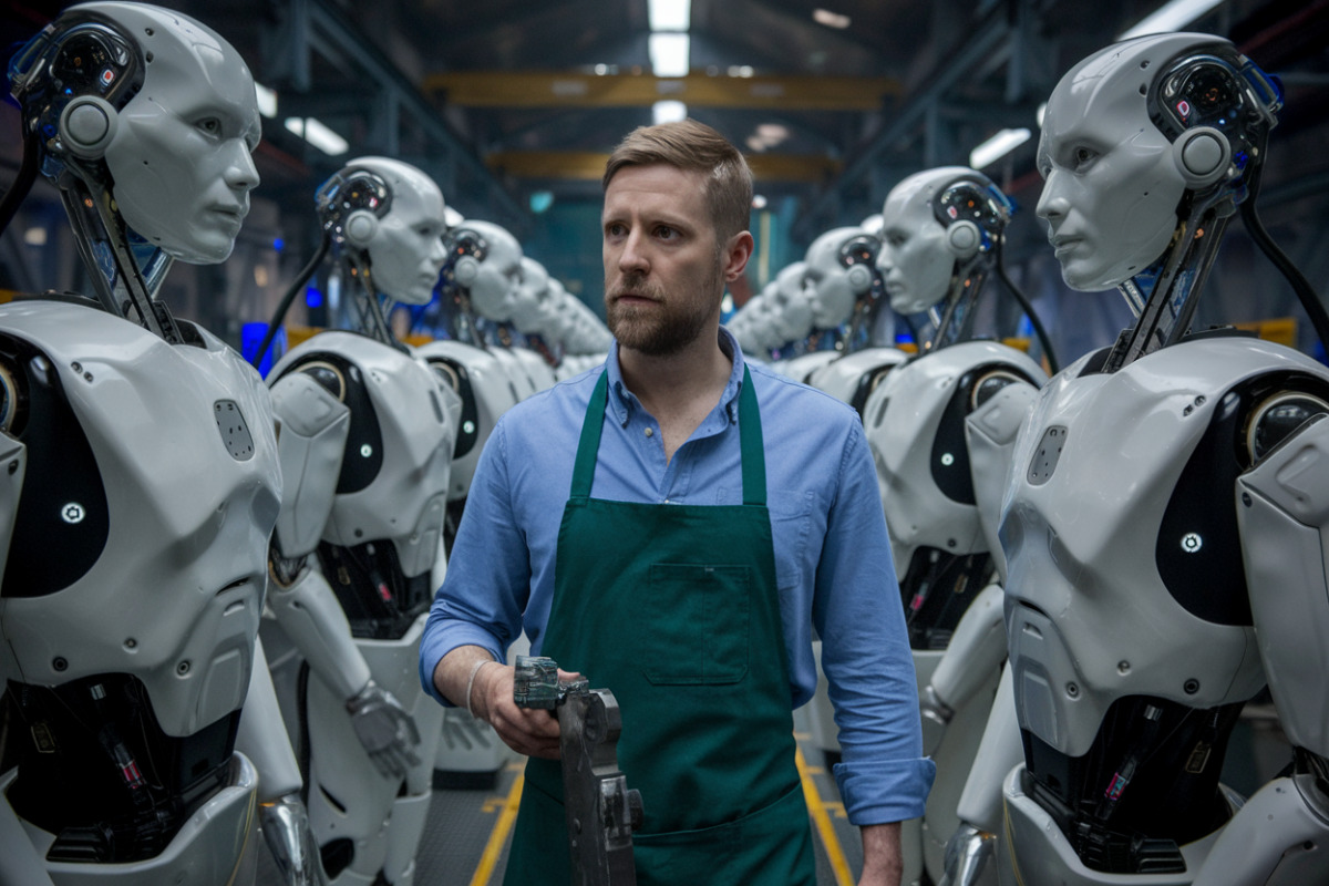 Un robot humanoïde travaille à la chaîne d'assemblage dans une usine moderne et connectée.