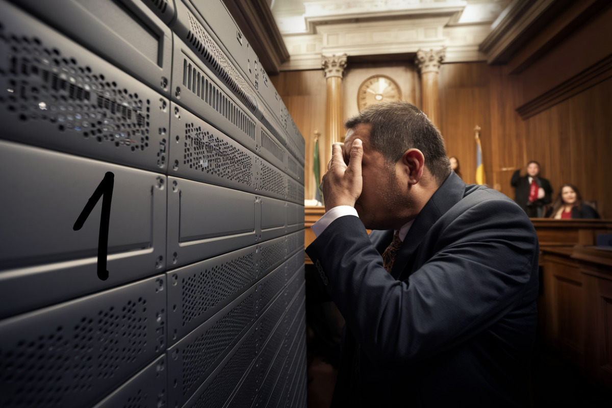 Serveur informatique en armoire technique avec câbles réseau, symbolisant la cybersécurité bancaire et les mises à jour critiques.