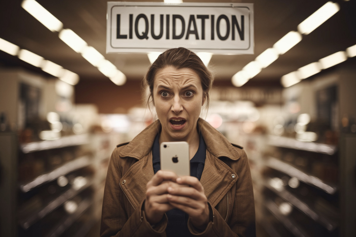iPhone exposé en vitrine de magasin avec panneau promotionnel annonçant réduction et liquidation.