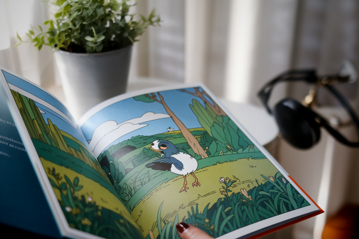 Une bande dessinée écologique ouverte mettant en scène un oiseau personnage dans un paysage français