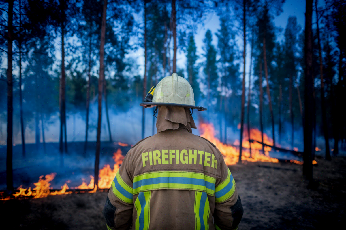 Un pompier face aux flammes d'un incendie de forêt en Gironde durant l'été 2026