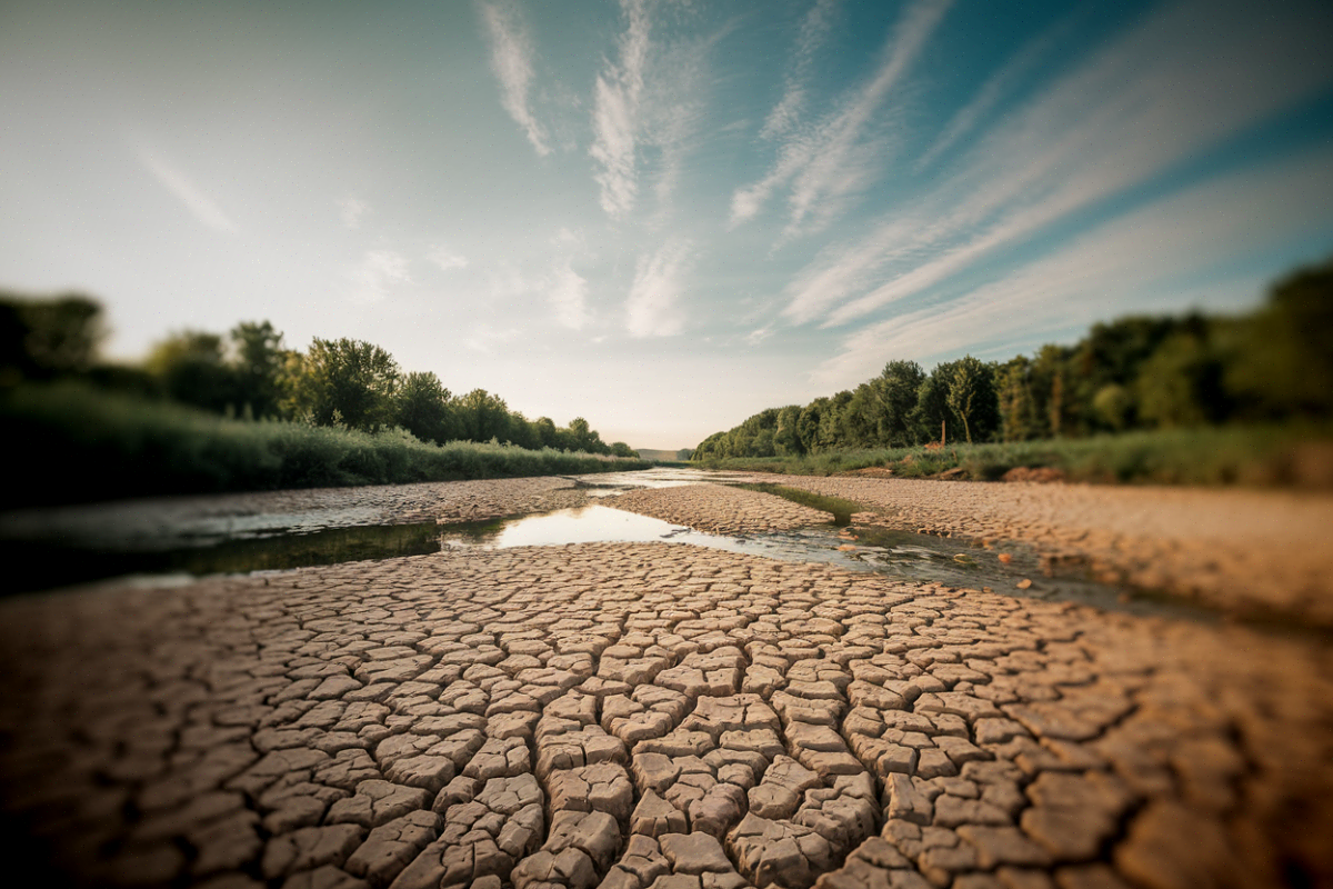 Lit de rivière asséché et craquelé en France durant la sécheresse 2026 sous un ciel d'été